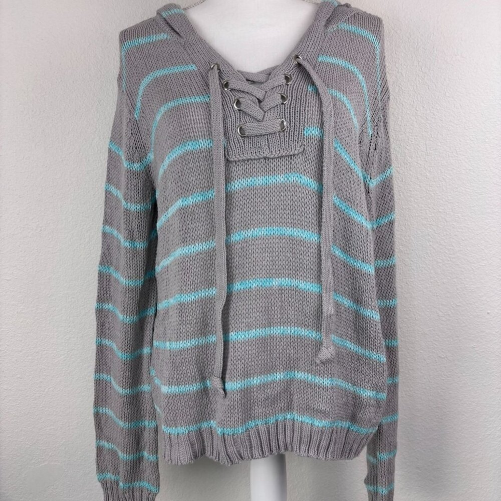 Wooden Ships women's medium large‎ grey blue striped lace up hooded knit top